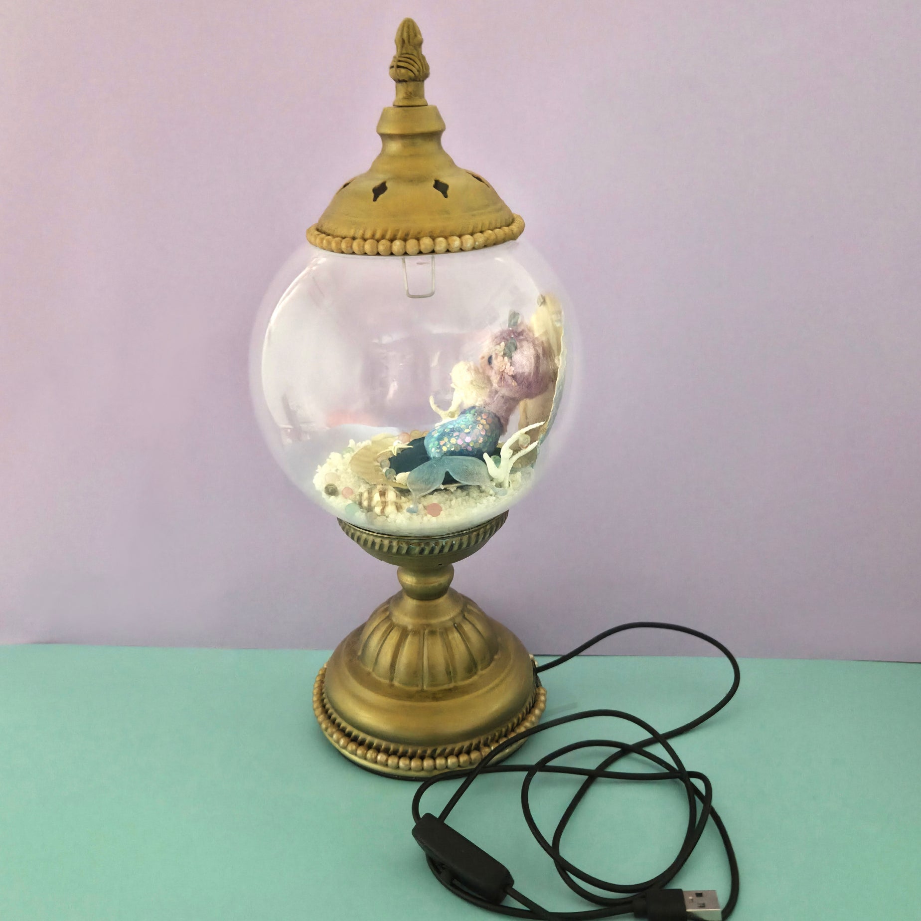 OOAK Mermaid Cat Terrarium Turkish Lamp - Dainty Treasures